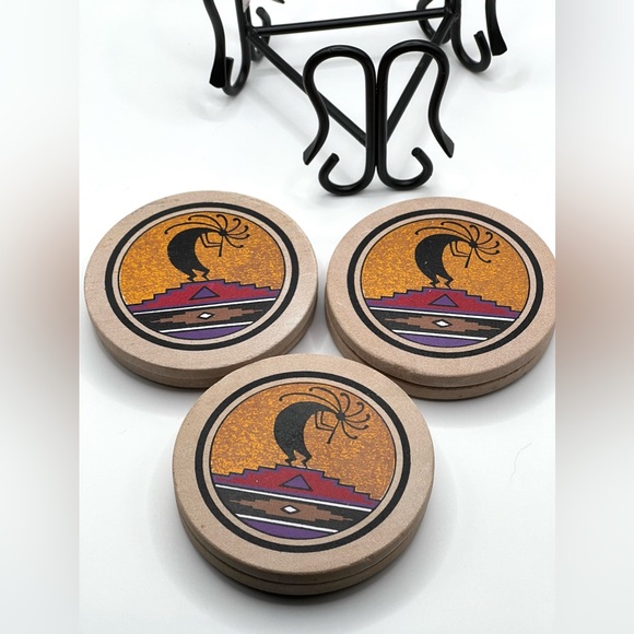 Set of 6 Coasters in Metal Holder Kokopelli Design 3.8 in - Picture 6 of 9